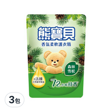熊寶貝 森林雪松護衣精 補充包, 含法國天然植萃精油, 香氣持久, 72小時持香, 1.75L, 3包