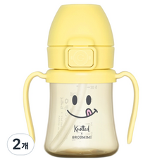 그로미미 유아용 노티드 PPSU 스마일 스틸프리 빨대컵 1단계 200ml, 2개, 레몬슈가