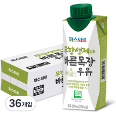 파스퇴르 무항생제 바른목장 우유, 250ml, 36개입