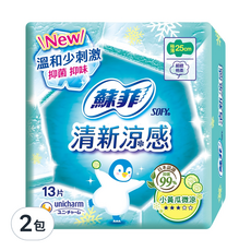 SOFY 蘇菲 清新涼感極薄小黃瓜微涼衛生棉 日用型, 25cm, 13片, 2包