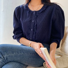 제이스타일 빅사이즈 반테드 ST 도트 프릴 블라우스