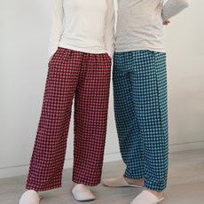 테라우드 남성용 면 9부 체크 파자마 커플 바지 + 여성용 면 9부 체크 파자마 커플 바지