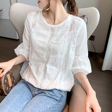 Elsso 女款圓領蕾絲點綴7分雪紡衫