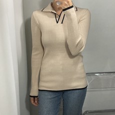 뜨개진 여성용 슬림 쫀쫀 골지 배색 오픈 앨리카 카라넥 니트