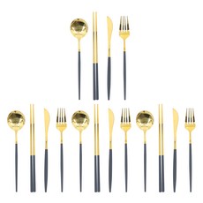 奇沃麗現代餐具4件式4人組 金色+黑色, 湯匙, 筷子, 刀, 叉子, 金色, 黑色, 16件