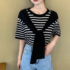 마켓에이 여성용 스트라이프 숄 가디건 반팔 티셔츠