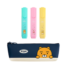 카카오프렌즈 모던st 미니 삼각 필통 + 해피모먼트 마일드 형광펜 3색 세트, 네이비(필통), 1세트