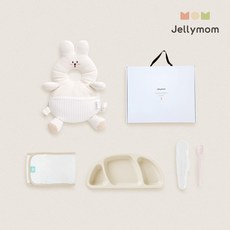 젤리맘 신생아 출산선물 아기머리보호대 + 실리콘 아기식판 + 이유식스푼 + 오가닉 스트랩 세트, 토끼 크림(보호대), 크림베이지(식판), 베이비핑크(스푼), 1세트