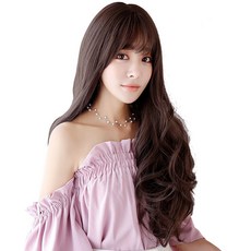 하이유니 프릴 펌 풀뱅 롱 헤어 통가발 70cm + 가발망 + 거치대 세트, 브라운블랙, 1세트 - 풀뱅앞머리가발