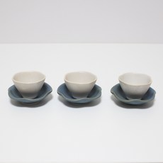 달소금 국산 핸드메이드 도자기 무광 꽃잎 찻잔 3종 세트, 스틸블루, 스틸블루, 스틸블루, 1세트