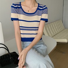 레몬소울 여성용 또오링 스퀘어 단가라 배색 반팔 니트티