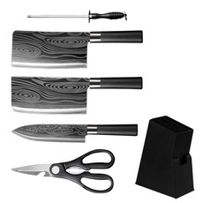 冰紋刀具6件套 Set, 不鏽鋼材質, 刀柄符合一體成型, 1組, 切片刀1入 + 菜刀1入 + 磨刀棒1入 + 廚師刀1入 + 廚師剪1入 + 刀座1入