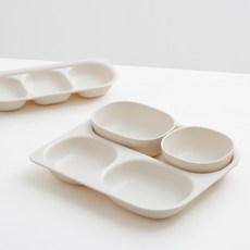 TACKAON 四角Eco Gen 3格深餐盤+分菜盤+飯碗+湯碗組, 象牙色(深盤),沙色(共享盤,飯碗,湯碗), 1組