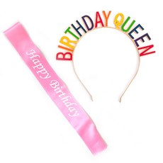 파티쇼 해피벌스데이 생일어깨띠 핑크 + 레터링 생일머리띠 벌스데이퀸 로즈골드 대, 혼합색상, 1세트