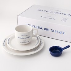 Rocoliving字樣早午餐組 4入, 1組, 白+藍, 大盤+中盤+馬克杯+醬碗