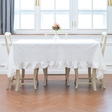 제이에스맘 프릴 린넨 광목 레이스 식탁보, 화이트, 6인용(140 x 220 cm)