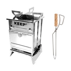 KEEP 캠핑 우드스토브 화로대 + 플레이트 + 받침대 + 우드 핸들 숯 집게 세트, 1세트