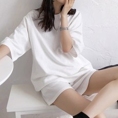아이엠몽 여성용 파너 드롭숄더 오버핏 반팔 반바지 투피스 세트