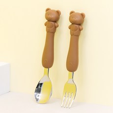 릴팡 아동용 부드러운 실리콘핸들 스텐 이유식 스푼 포크, 브라운베어, 1세트