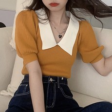 PEONIST 女款法式翻領泡泡袖針織衫
