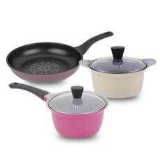 Kitchen-Art Pastel系列優質陶瓷不沾鍋具組, 米色+酒紅色, 雙耳鍋 16cm+單柄鍋 18cm+平底鍋 26cm