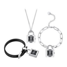  포체밀라노 여성용 자물쇠워치 + 가죽 스트랩 + 체인 팔찌 + 체인 목걸이 세트 FM2201 