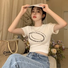 피어니스트 여성용 크롭 프린트 슬림 반팔 티셔츠