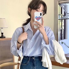 PEONIST 女款條紋不對稱鈕扣夾子襯衫