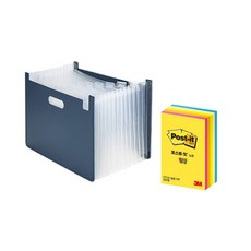 델리 아코디언 파일박스 가로형 + 포스트잇 큐브 CU-32 63951, 네이비(파일박스), 형광(포스트잇), 1세트