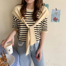 마켓에이 여성용 스트라이프 숄 가디건 반팔티