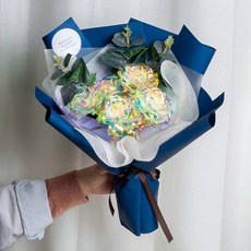 미다운플라워 조화 홀로그램 장미 5송이 꽃다발 + LED 세트, 딥블루