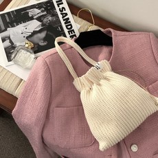 Knit.Seasons 鉤針編織束口袋DIY材料包 Set，棉質手提包, 奶油色, 1組