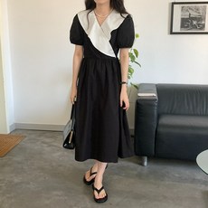 몬드스팟 여성용 크로스 빅 카라 퍼프 소매 반팔 원피스 MO76