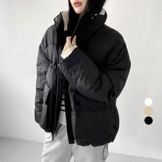 플랜데이 여성용 골덴 배색 포인트 스트링 하이넥 푸퍼 패딩