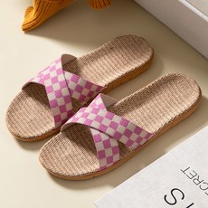 데이소이 부드러운 코튼 린넨 체크 거실 실내화, 03 핑크, 1개