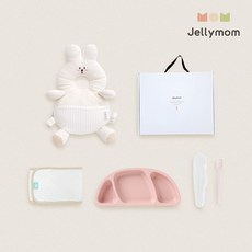 젤리맘 신생아 출산선물 아기머리보호대 + 실리콘 아기식판 + 이유식스푼 + 오가닉 스트랩 세트, 토끼 크림(보호대), 핑크(식판), 베이비핑크(스푼), 1세트