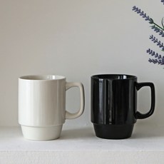 애스크제이 스태킹 도자기 머그 360ml, 블랙, 화이트, 2개