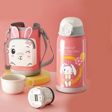 애니멀 원터치 물통 +파우치 세트 MP251, 핑크토끼, 550ml