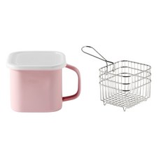 모다키친 인덕션 사각 캐니스터 법랑냄비 1.45L + 커버 + 튀김망 세트, 14cm, 핑크(냄비), 1세트
