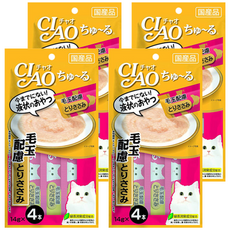 INABA CIAO 啾嚕 化毛配方肉泥, 條狀包裝設計, 添加綠茶成分, 雞肉, 56g, 4包