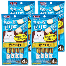 INABA CIAO 啾嚕 寒天肉泥 鰹魚 15g*4，嗜口性高 綠茶配方，有效消臭，不含防腐劑, 60g, 4包