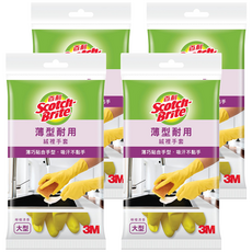 3M Scotch-Brite 百利 檸檬清香 薄型耐用絨裡手套, 黃色, 大, 4包