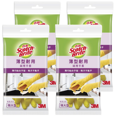 3M Scotch-Brite 百利 檸檬清香 薄型耐用絨裡手套, 黃色, 特大, 4包