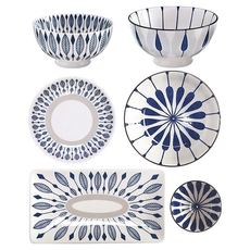 Umaishoku Yume 單人餐具組6入, 陶瓷餐具套裝, 耐熱100°C, 中國製造, 飯碗*1+湯碗*1+深盤 中*1+深盤大*1+長方形盤*1+醬料碟*1, 藍色+灰色, 1組