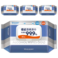 US baby 優生酒精濕巾, 有效抗菌達99.9%, 80抽, 適用於餐具、奶嘴、玩具及居家用品, 80張, 4包