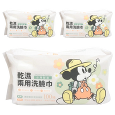 KOgi 宏瑋 迪士尼乾濕兩用洗臉巾 100抽 Set 3, 200x200mm, 柔軟耐用, 遇水不易破, 花朵米奇, 3包