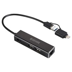 ESENSE 逸盛 USB轉RJ45+USB HUB, USB 3.0*1, USB 2.0*2, 鋁合金材質, OTG功能, 15cm, 黑色, 1個