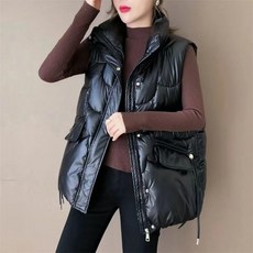 besteffie 여성 조끼 베스트 투포켓 수술컷팅 디자인 유광 패딩 조끼 가을 겨울신상 루즈핏 경량조끼 K39