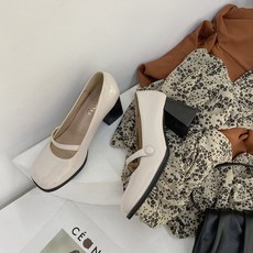 KORELAN 블랙 굽 하이힐 여성 통근 복고 구두 여 굵은 굽 벨트 단추 일계 신발마리 진 두꺼운 바닥 싱글 신발 송편 신발