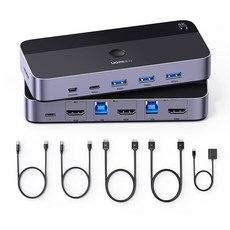 UGREEN 유그린 HDMI 2.0 KVM 스위치 4K@60Hz 고해상도 지원 2in1 out 2 PC는 1개의 디스플레이 와 4개의 USB 장치를 공유하기 초고속 데이터 전송